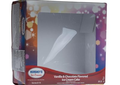 Ice-cream cake box with styled die-cut window with clear film to show and protect product.