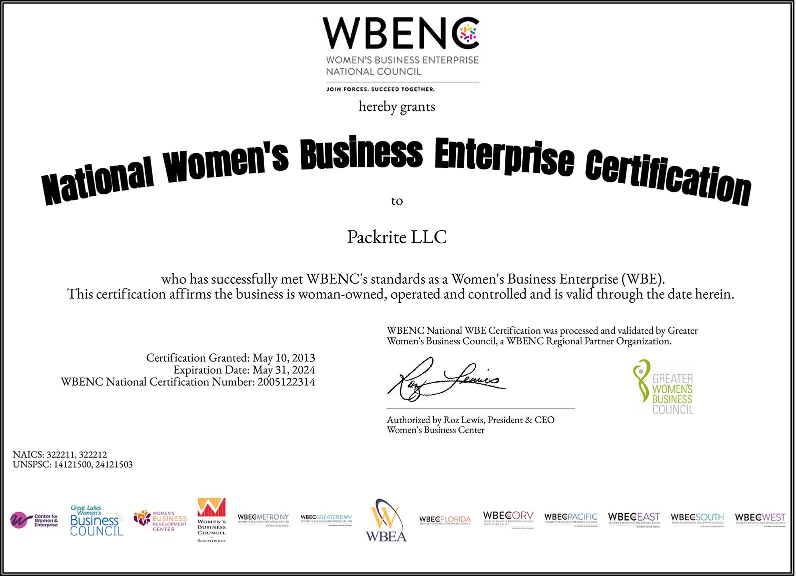 Women Business Enterprise National Council (WBENC) Certifies Packrite, LLC as a Woman Owned Business Enterprise.